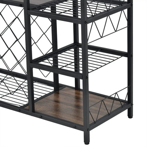 Close-up of the Slick Industrial Wine Rack Table Doubles As Console Table With Glass Holder and Ample Wine Storage Space, highlighting the sturdy black steel frame and wood shelf.