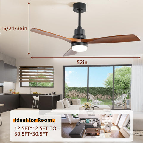 Low Profile 52 Inch Ceiling Fan With Remote And LED Light Kit, Reversible Quiet DC Motor, Modern Wood Finish, Flush Mount Design