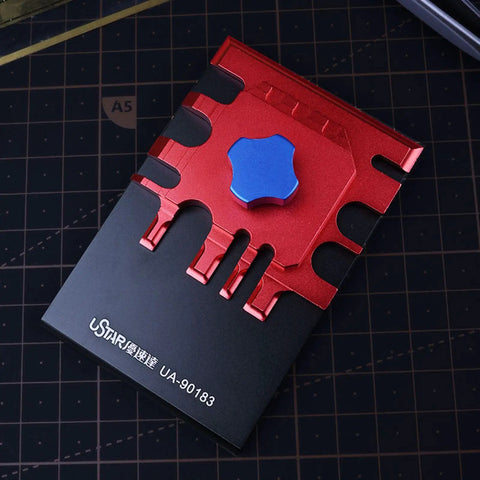 Red and blue Dope Precision Mini Photo Etched Parts Bender For Model Kits And Miniatures Metal Tool Set on grid mat