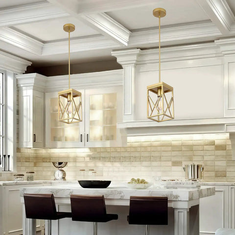 Modern Gold Pendant Light With Metal Cage One Light Adjustable Rods Mini Pendant Fixture For Kitchen Island