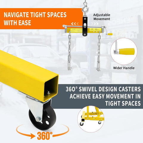 Heavy Duty Hydraulic Engine Hoist Cherry Picker Crane Packs A Bad Ass 4400 Lb Capacity with 360° swivel design casters for easy movement.