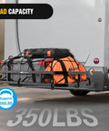 RV Bumper Mounted Cargo Carrier Basket With Net Fits 4 Inch Or 4 And A Half Inch Bumpers loaded with bags supporting 350 Lbs