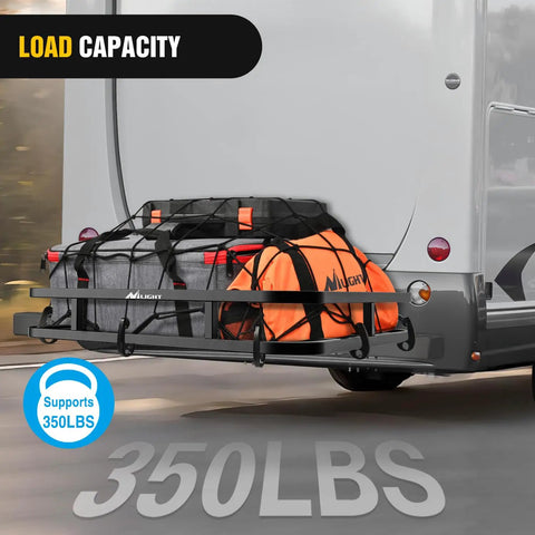 RV Bumper Mounted Cargo Carrier Basket With Net Fits 4 Inch Or 4 And A Half Inch Bumpers loaded with bags supporting 350 Lbs