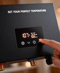 User adjusting the temperature display on a Heavy Duty 27Kw Tankless Water Heater Pumps Out Instant Whole Home Hot Water With Smart Self Regulating Tech Shower To Sink Zero Wait All Day Long Operation Setup.
