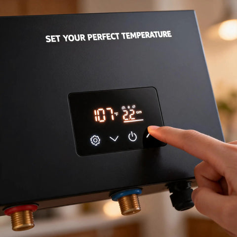 User adjusting the temperature display on a Heavy Duty 27Kw Tankless Water Heater Pumps Out Instant Whole Home Hot Water With Smart Self Regulating Tech Shower To Sink Zero Wait All Day Long Operation Setup.