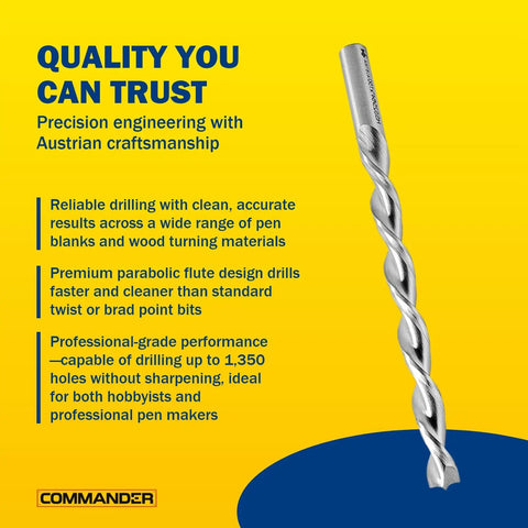 Heavy Duty HSS Pen Mill Drill Bit Designed To Run Slick For Dead On Accuracy When Chopping Through Hardwood Blanks For Custom Laser Pen Crafts At Exactly 7Mm Width on a yellow background.