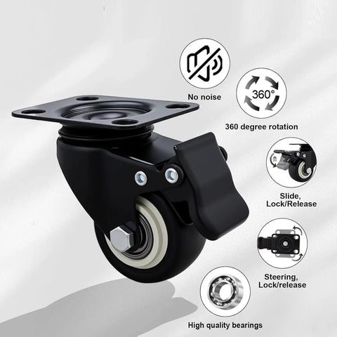 Heavy Duty Swivel Castor Wheels Set Of 4 With Parking Brakes Tough As Nails Rubber Tread wheel with 360-degree rotation and lock.