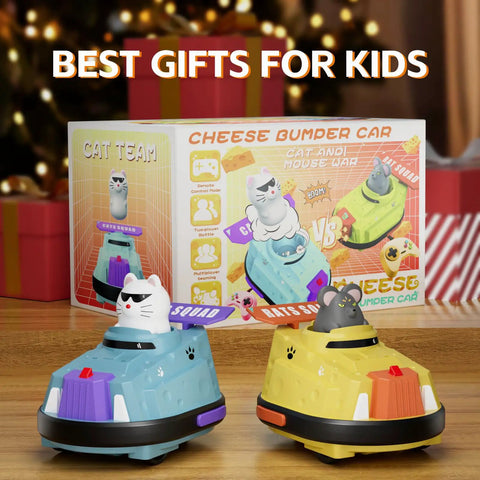 2 Pack Remote Control Cat And Mouse Ejecting Bumper Cars For Kids displayed in front of gift-wrapped boxes