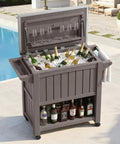 120-Quart Patio Cooler With Wheels, Rollable Outdoor Ice Chest With Bottle Opener, Collapsible Side Shelf And Drain Rack, Stainless Steel Lid, Party Ready For BBQs, Camping And Backyard Gatherings, Brown near pool