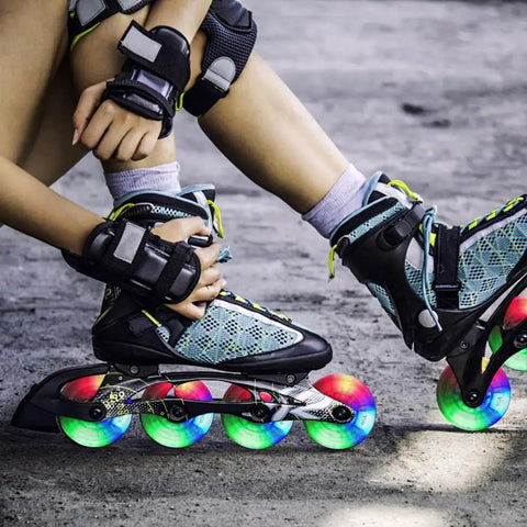 Person wearing rollerblades with Durable Inline Skate Wheels 64mm 24mm Wide With Pre Installed Bearings Outdoor Freestyle