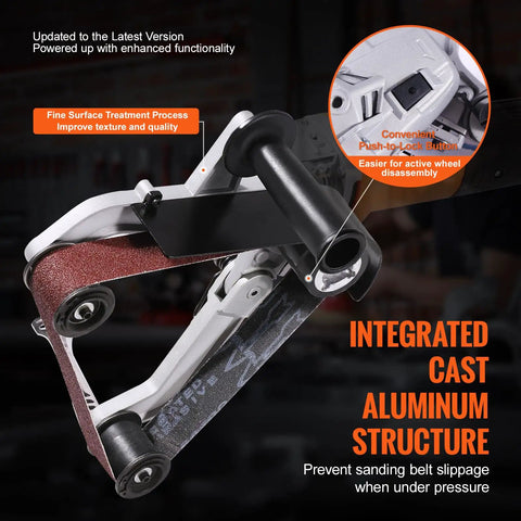 Belt Sander Adapter For Angle Grinder Five Eighths By Eleven Thread Pipe Sanding Attachment with cast aluminum structure visible.