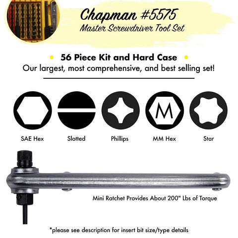 Master Screwdriver Set With 51 Insert Bits For Over 300 Tool Combos, showing icons for Phillips, Slotted, Hex, Torx with mini ratchet