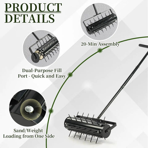 Rolling Lawn Aerator With T Shaped Handle 17 Inch Width 36 Reinforced Steel Spikes For Deep Soil Penetration product details