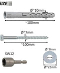 Heavy Duty Nylon Countersunk Flange Dowels 10mm x 100mm, 12 Screws 7mm x 100mm, Large Washers for M8 Bolts, and a One Quarter Inch Hex Socket Bit, 12 Piece Fastener Set for DIY, Wood, and Metal Projects. Size chart showing 10mm dowel, 7mm screw, washer, and hex bit