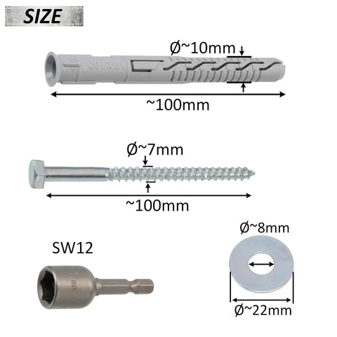 Heavy Duty Nylon Countersunk Flange Dowels 10mm x 100mm, 12 Screws 7mm x 100mm, Large Washers for M8 Bolts, and a One Quarter Inch Hex Socket Bit, 12 Piece Fastener Set for DIY, Wood, and Metal Projects. Size chart showing 10mm dowel, 7mm screw, washer, and hex bit