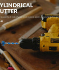 Side view of a cordless yellow drill with a blue twist drill bit installed