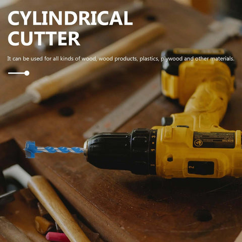 Side view of a cordless yellow drill with a blue twist drill bit installed