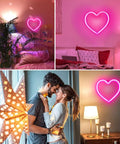 Pink Heart Neon Sign With Battery Or USB Power For A Romantic Mood And Cozy Vibes LED Heart Lights Great For Valentines Day Decor Gift For Wife Proposal Anniversary Mothers Day Or Bedroom And Living Room Table Wall Decor shown illuminating a cozy bedroom, a couple embracing with warm lights, and wall decor.