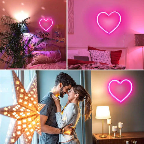 Pink Heart Neon Sign With Battery Or USB Power For A Romantic Mood And Cozy Vibes LED Heart Lights Great For Valentines Day Decor Gift For Wife Proposal Anniversary Mothers Day Or Bedroom And Living Room Table Wall Decor shown illuminating a cozy bedroom, a couple embracing with warm lights, and wall decor.