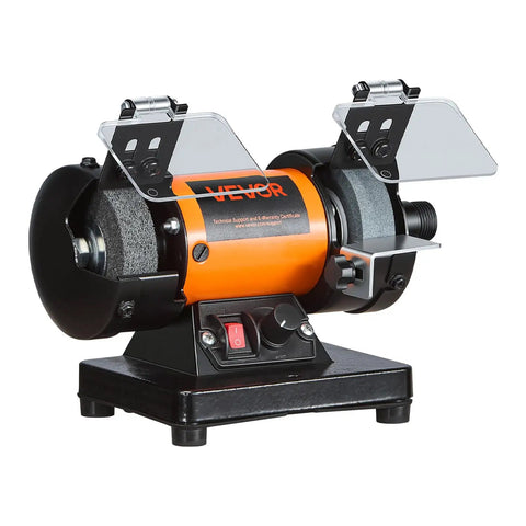 Heavy Duty Bench Buffer Polisher With Hella Adjustable Speed Up To 10600 Rpm And A Straight Up 100 Piece Accessory Kit side view with safety shields.