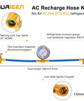 Diy Friendly AC Refrigerant Recharge Hose Kit With Gauge For R134A R22 R12, showing gauge, 15-inch hose, and can tap valve.