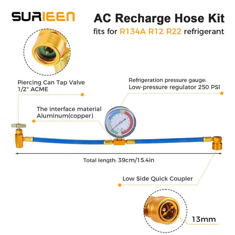 Diy Friendly AC Refrigerant Recharge Hose Kit With Gauge For R134A R22 R12, showing gauge, 15-inch hose, and can tap valve.