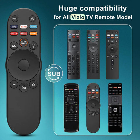 Universal TV Remote For All SmartCast TVs Works With V Series M Series D Series P Series PX Series E Series And More Replacement Remote Control For FHD 1080p 4K QLED UHD Televisions shown with compatibility graphic