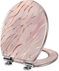 Elongated Rose Gold Marble Resin Toilet Seat for Bathroom with wavy design, circular shape, chrome hinges, measuring 14.5" x 18.5".