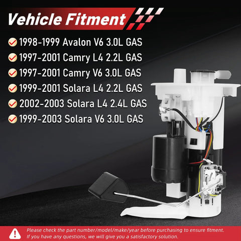 Direct Fit Fuel Pump Assembly For 1997-2001 Toyota Camry, 1998-1999 Avalon, And 1999-2003 Solara with vehicle fitment chart