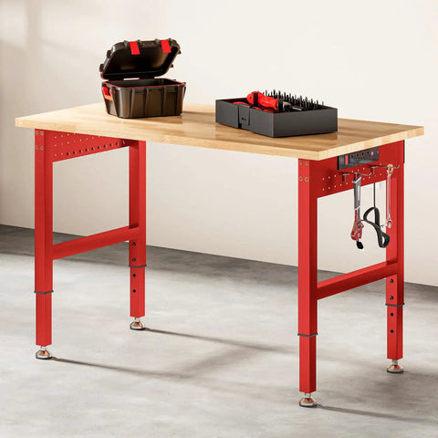 Red Adjustable Heavy Duty Workbench With 4 AC Outlets And 2 USB Ports, 2000 Lb Capacity, rubber wood top, pegboard hooks, workshop