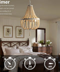 Three Light Mini Wood Beaded Boho Plug In Chandelier With Dimmable Timer Pendant Lighting in cozy bedroom setting.