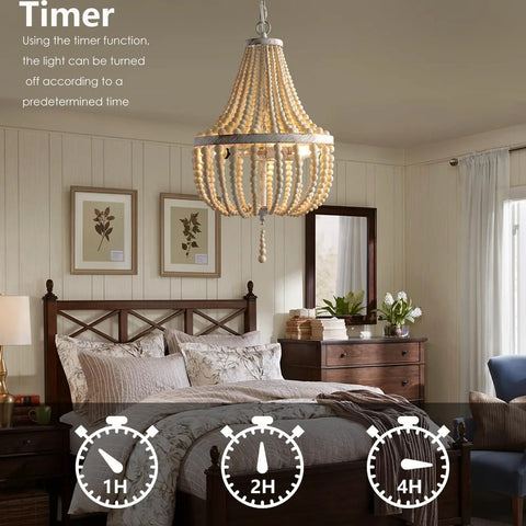 Three Light Mini Wood Beaded Boho Plug In Chandelier With Dimmable Timer Pendant Lighting in cozy bedroom setting.