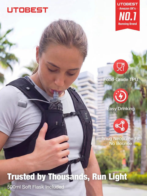 Person using No Bounce Hydration Vest Pack For Men And Women With 500ml Soft Flask, showing convenient drinking feature.