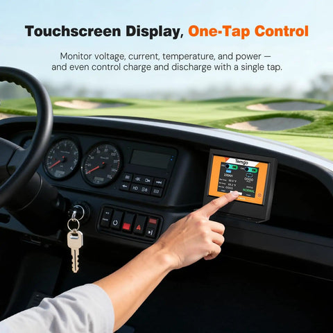 Person using touchscreen display on All In One 48V LiFePO4 Golf Cart Battery Upgrade Kit with 56.8V Charger in golf cart.