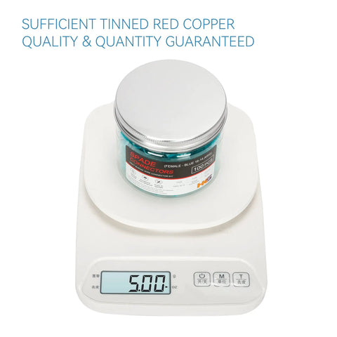 Blue Heat Shrink Female Spade Connectors Kit 100Pcs 16 To 14 AWG Waterproof jar placed on digital scale