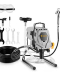 Pro Grade Electric Airless Paint Sprayer 1010W Motor 3000 PSI with accessories including hoses, extension pole, and goggles.