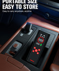 Portable Tire Inflator With Color LED Screen, 12V Car Air Pump placed in car center console, compact design in vehicle