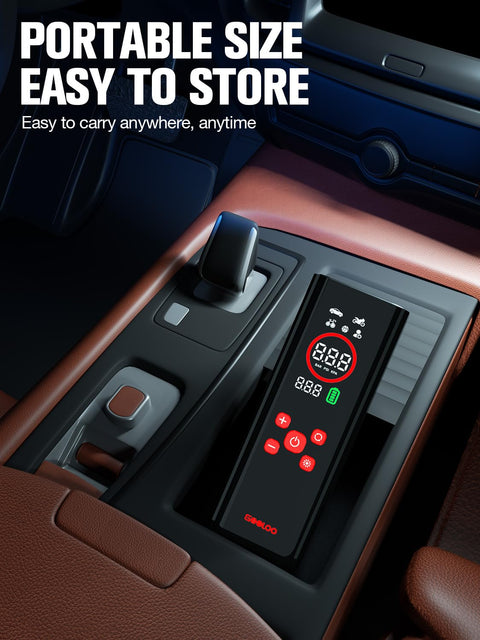 Portable Tire Inflator With Color LED Screen, 12V Car Air Pump placed in car center console, compact design in vehicle