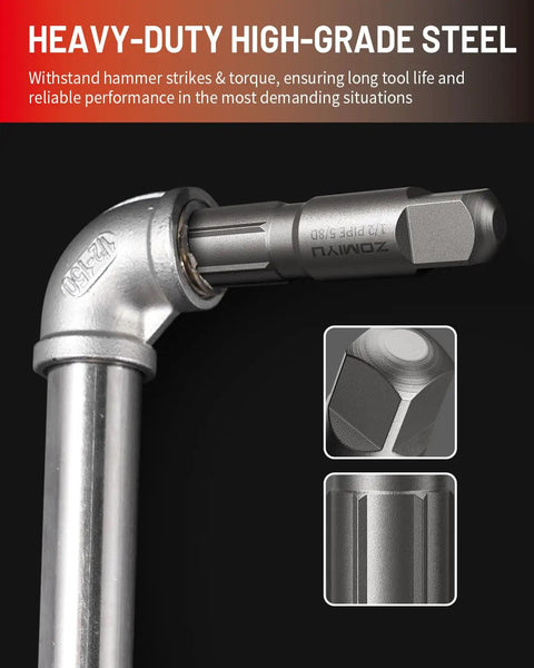 Close-up of 9-Piece Pipe Extractor Set for Broken Nipples and Stripped Fittings highlighting heavy-duty steel construction and hex design.