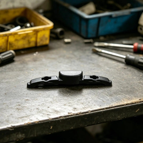 Luggage Repair Button And Replacement Pull Handle Fix Broken Suitcase Grips With Ease Solid Black Plastic on workshop table.