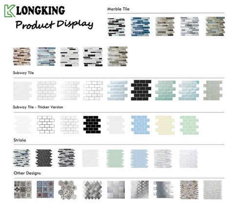 Klongking product display of various tile options including subway, marble, and other designs in sheet formats.