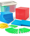 Plastic Base Ten Blocks Set For Hands On Math Learning Place Value Blocks And Counting Cubes For Second Grade Classrooms Includes One Cube Ten Flats Twenty Rods One Hundred Units And Storage Box displayed with components
