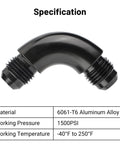 6AN to 6AN 90 Degree One Piece Full Flow Swivel Coupler Union Fitting Aluminum Adapter Pro Grade Beefy 1500 PSI 9/16-18 UNF Minus 40F to 250F 6061T6 Lightweight Durable black 90-degree 6061-T6 aluminum fitting