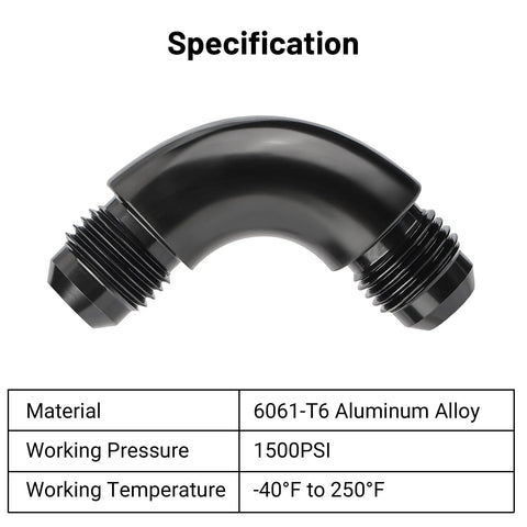 6AN to 6AN 90 Degree One Piece Full Flow Swivel Coupler Union Fitting Aluminum Adapter Pro Grade Beefy 1500 PSI 9/16-18 UNF Minus 40F to 250F 6061T6 Lightweight Durable black 90-degree 6061-T6 aluminum fitting