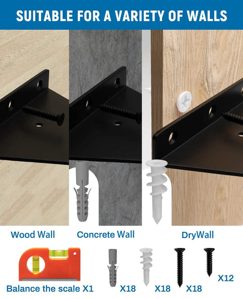 6 Inch Invisible Triangular Shelf Brackets For Minimalist Home Decor Built Tough, Heavy Duty Hot Rolled Steel 6 Pack shown on wood, concrete, and drywall with included installation tools.