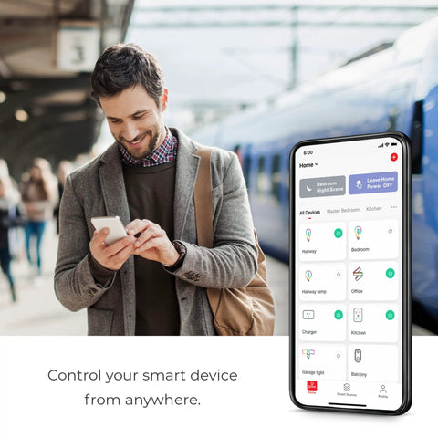 Man using smartphone to control smart home devices, featuring No Hub Smart LED Bulb With Multicolor Spiral Filament WiFi Connected.