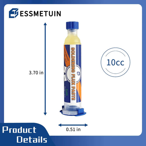 Pro Grade No Clean Flux Paste For Electronics Soldering And Desoldering Wick Kit, 10cc tube displayed with dimensions
