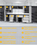 Metal Garage Storage Cabinet System 10 Piece Set For The Workshop with lockable wall cabinets and rolling tool chest in grey steel.