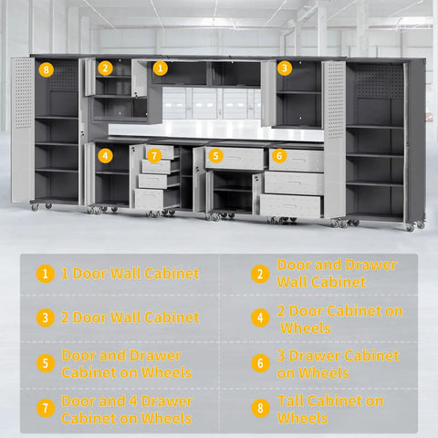 Metal Garage Storage Cabinet System 10 Piece Set For The Workshop with lockable wall cabinets and rolling tool chest in grey steel.