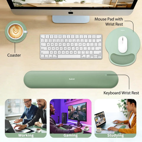 3 In 1 Gel Memory Foam Keyboard Wrist Rest And Mouse Pad Set For Gaming And Office shown with keyboard on desktop